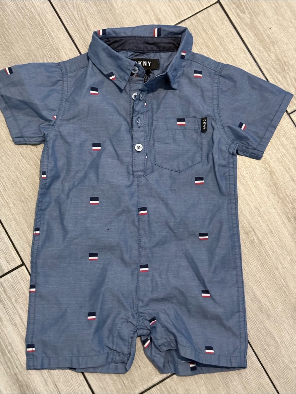 DKNY Blue Short-Sleeve Cotton Romper with Mini Stripe Motif